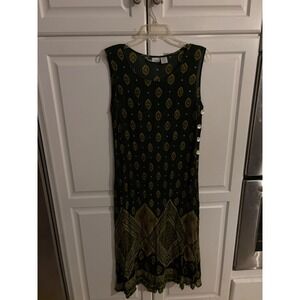 LA CERA Women Medium Green Rayon Paisley Print Sleeveless Midi Dress Buttons